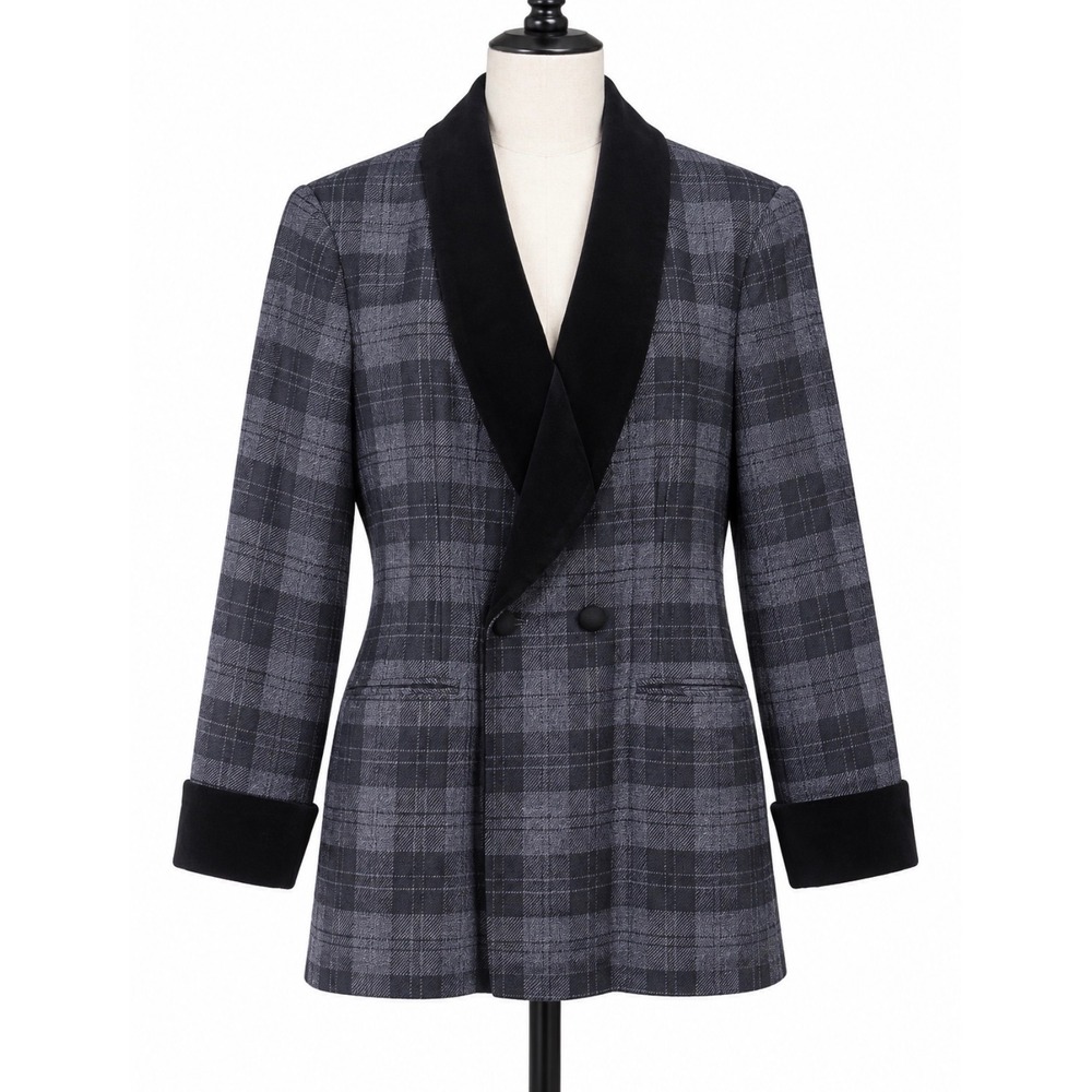 Jones New York Grey Plaid Velvet Trim Blazer Jacket Double Breasted Size 14